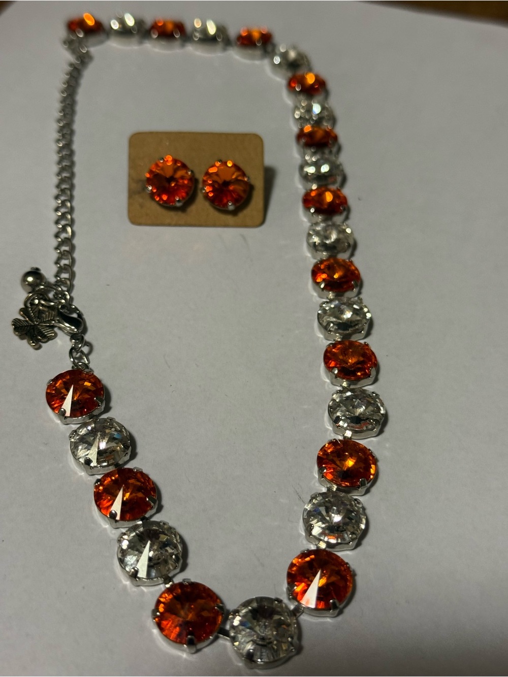 Orange and Clear Crystal Tennis Necklace with Matching Stud Earrings